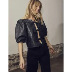 Co Couture PhoebeCC Leather Bow Blouse Black