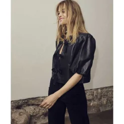 Co Couture PhoebeCC Leather Bow Blouse Black