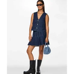 Pieces PCFabia Short Plisse Denim Skirt Dark Blue Denim