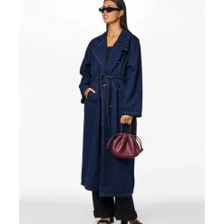 Pieces PCFreya LS Long Denim Trenchcoat Dark Blue Denim