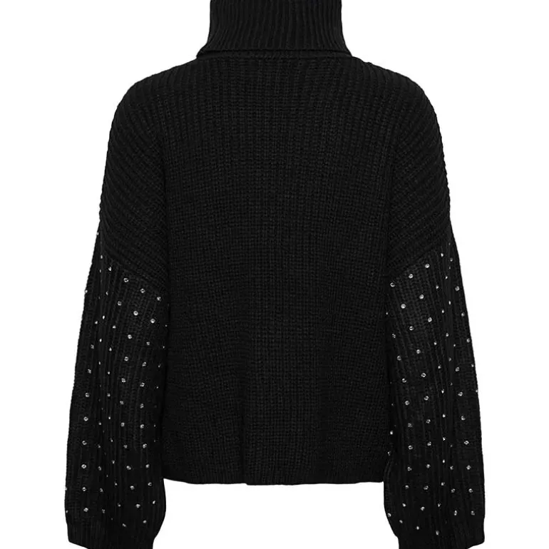 Pieces PCRayney LS Turtleneck Knit Black Rhinestones